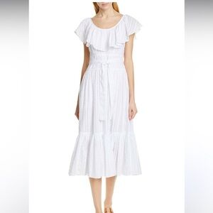 Tory Burch Midi Dress Women 4 White Striped Seersucker Ruffled J